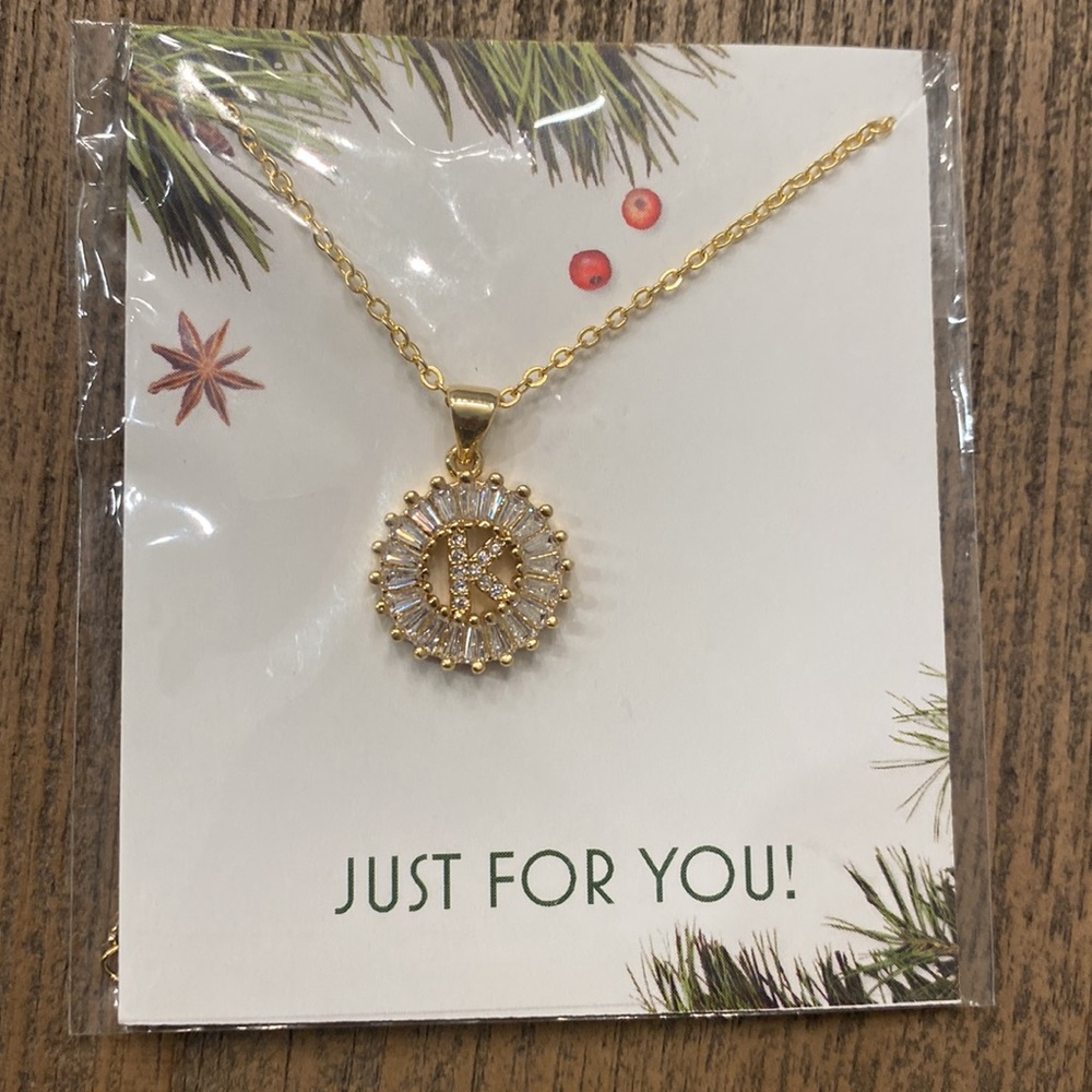 Gold Initial Crystal Sparkly Pendant Necklace, “K”, NIP